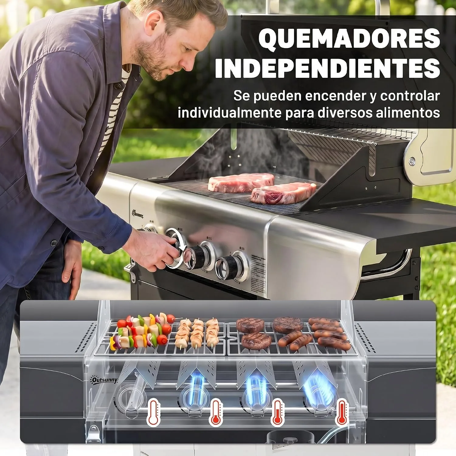 Barbacoa de gas Outsunny BBQ 4 Quemadores 12,8 kW, vista de producto 5