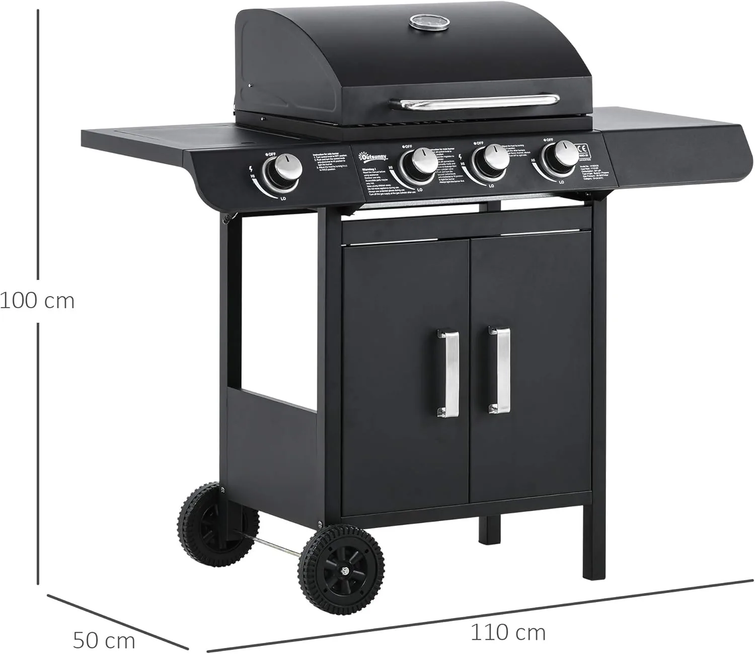 Barbacoa de gas Outsunny 3+1 Quemadores 11,6 kW, vista de producto 3