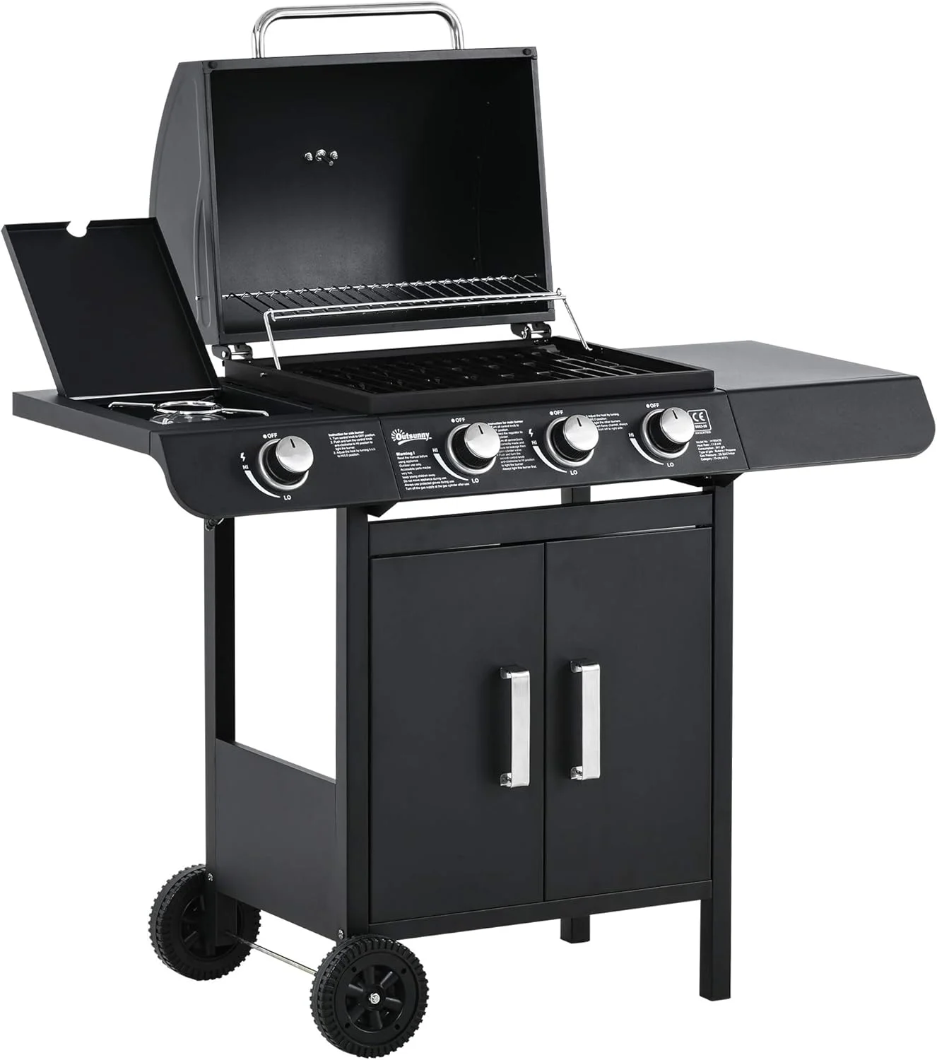 Barbacoa de gas Outsunny 3+1 quemadores con ruedas, vista de producto