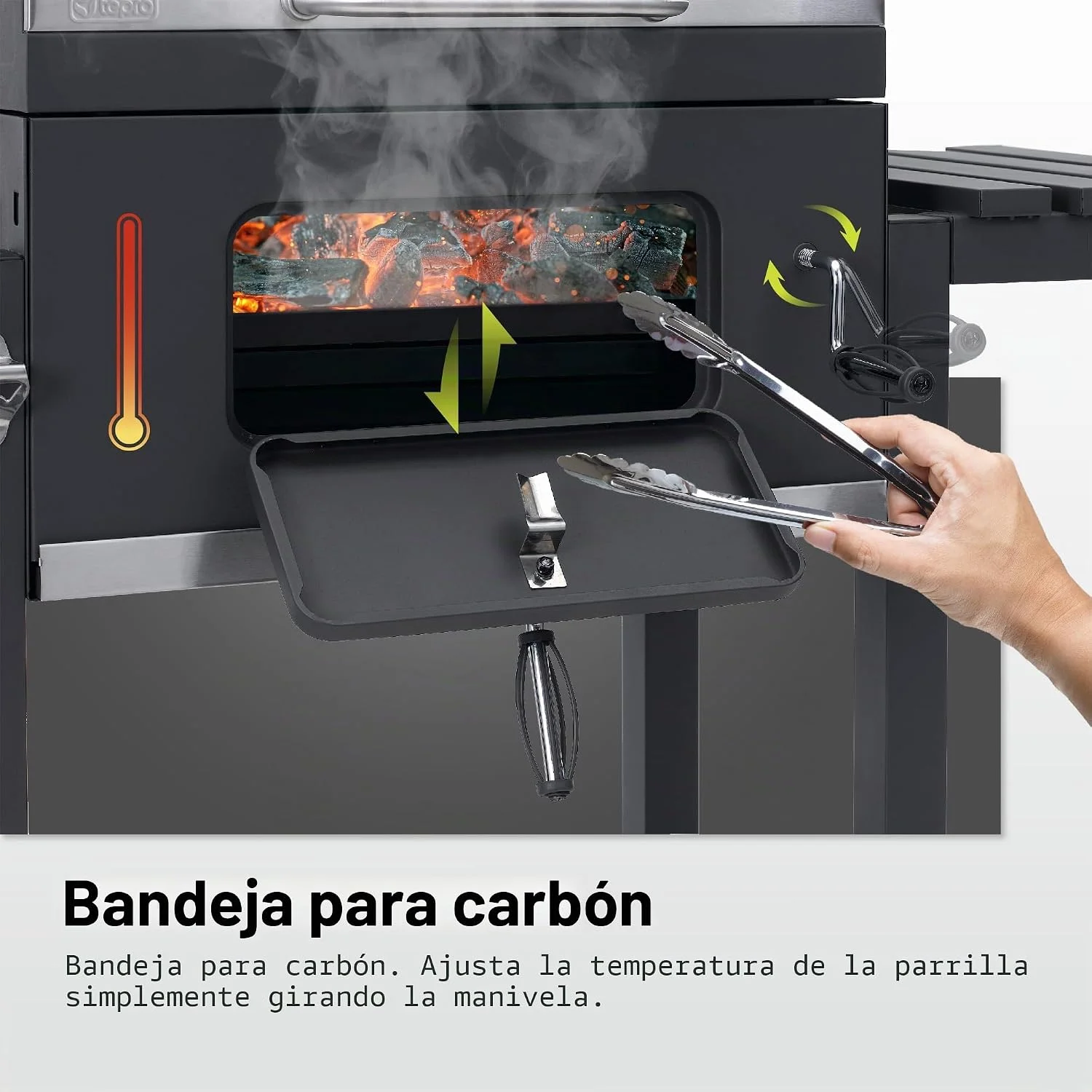 Detalle de la bandeja de carbón regulable en altura de la Tepro Toronto Click