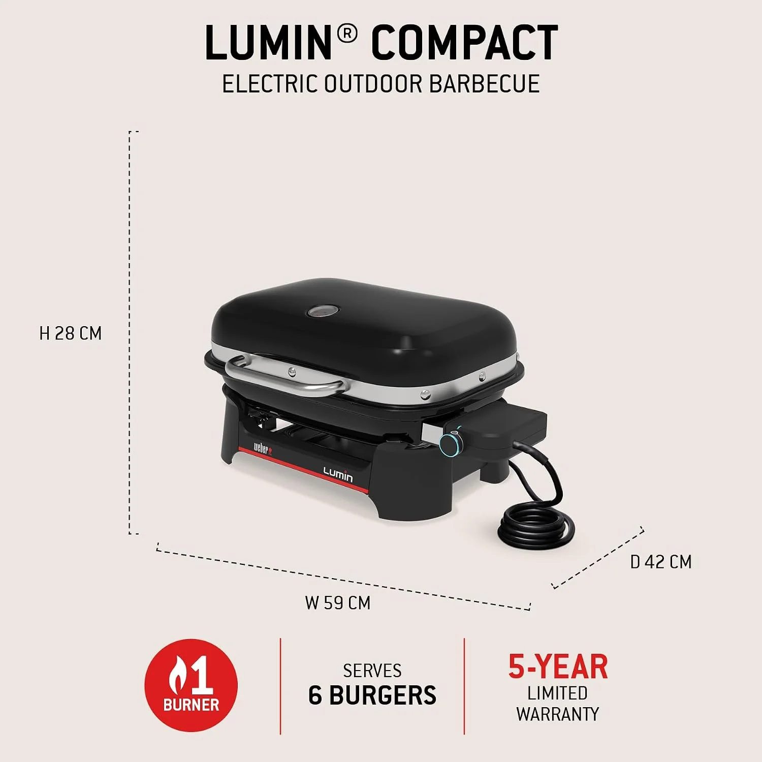 Dimensiones de la barbacoa eléctrica Weber Lumin Compact: 59 x 42 x 28 cm