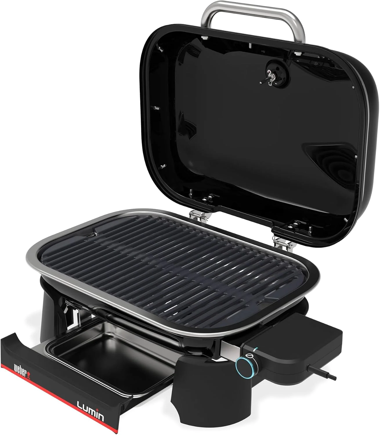 Barbacoa eléctrica Weber Lumin Compact con la tapa abierta, mostrando la parrilla y el termostato