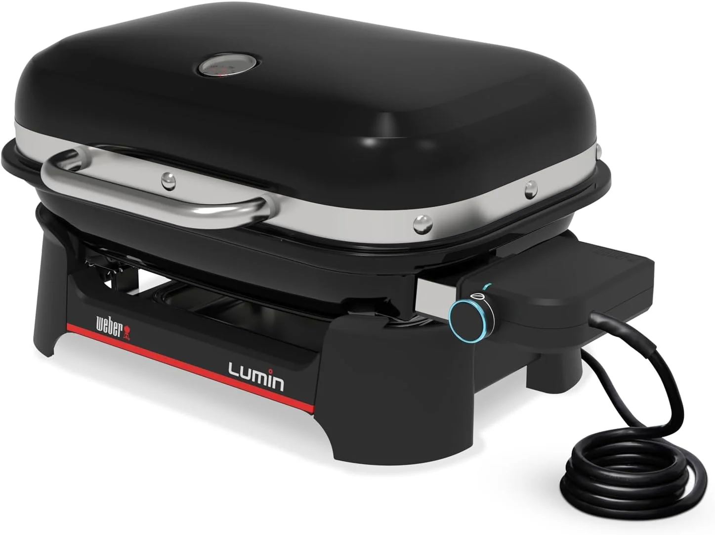 Barbacoa eléctrica Weber Lumin Compact, vista lateral con el mando de control