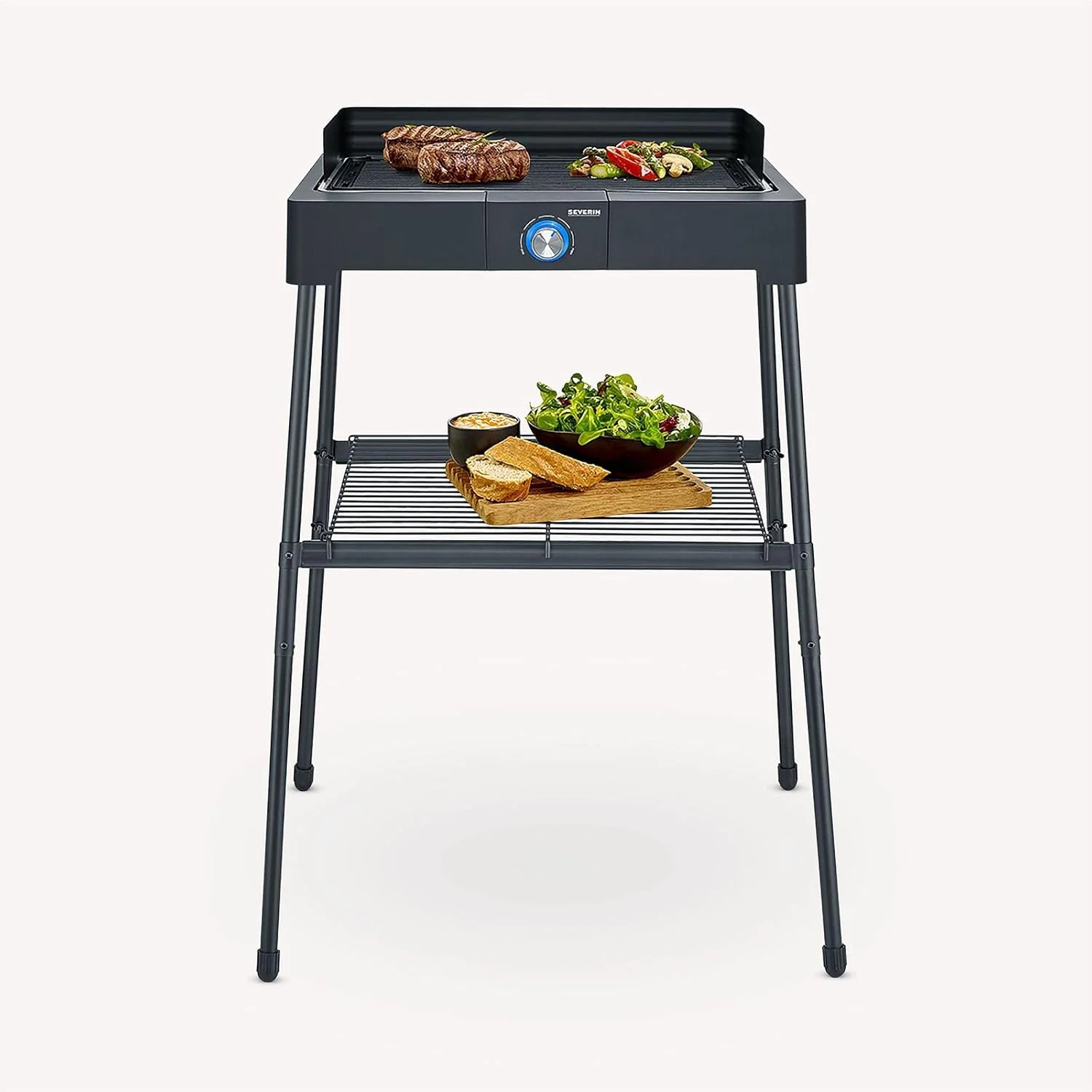 Barbacoa eléctrica Severin PG 8568 en uso, con alimentos a la parrilla