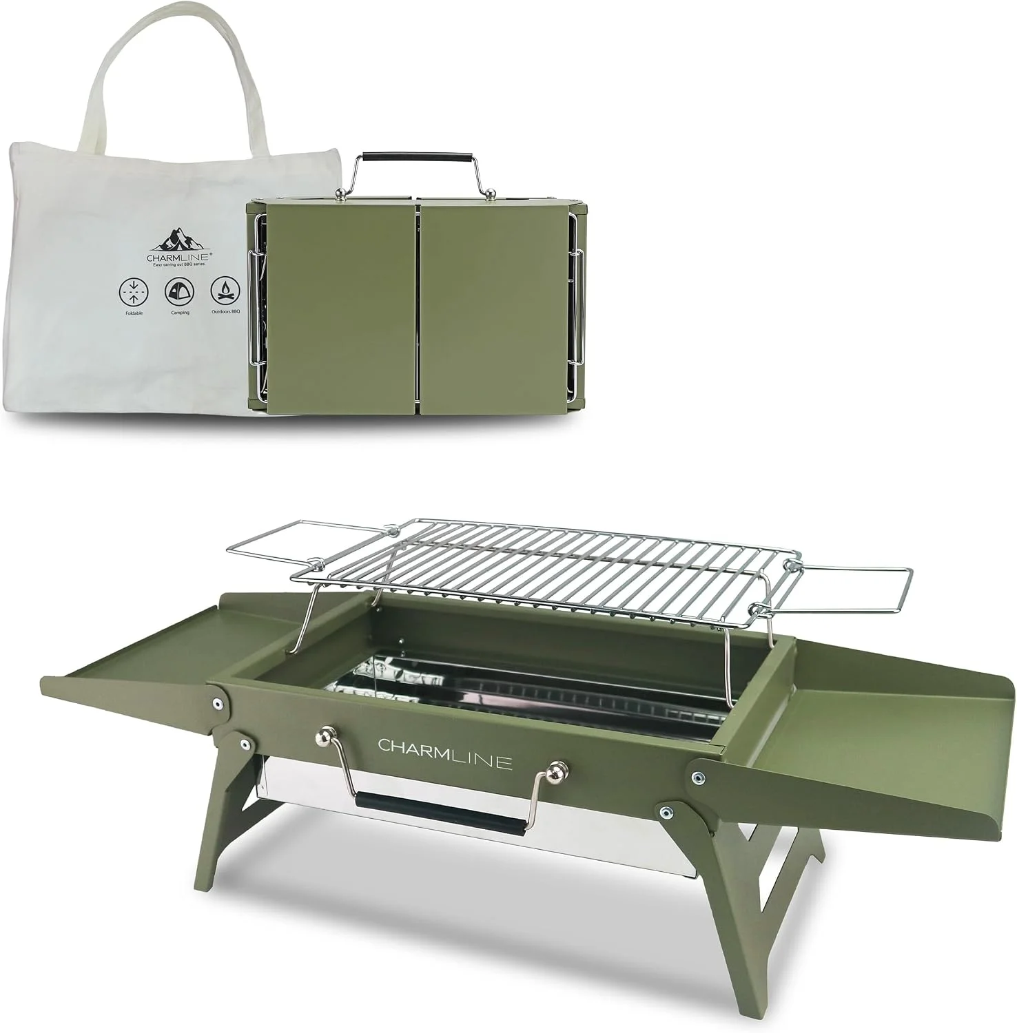 Barbacoa de carbón portátil Charmline 35 x 23 cm, cerrada en formato maletín con su bolsa de transporte y abierta mostrando la parrilla