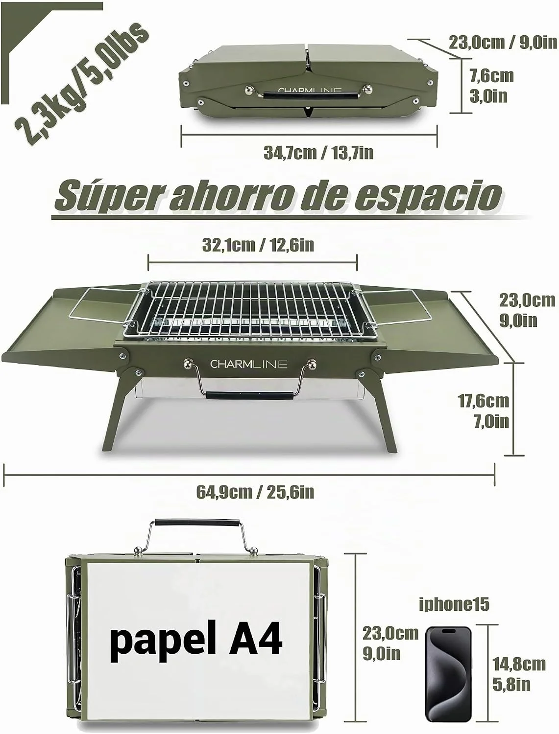 Dimensiones plegadas (34,7 x 23 x 7,6 cm) y peso (2,3 kg) de la barbacoa portátil Charmline 35 x 23 cm