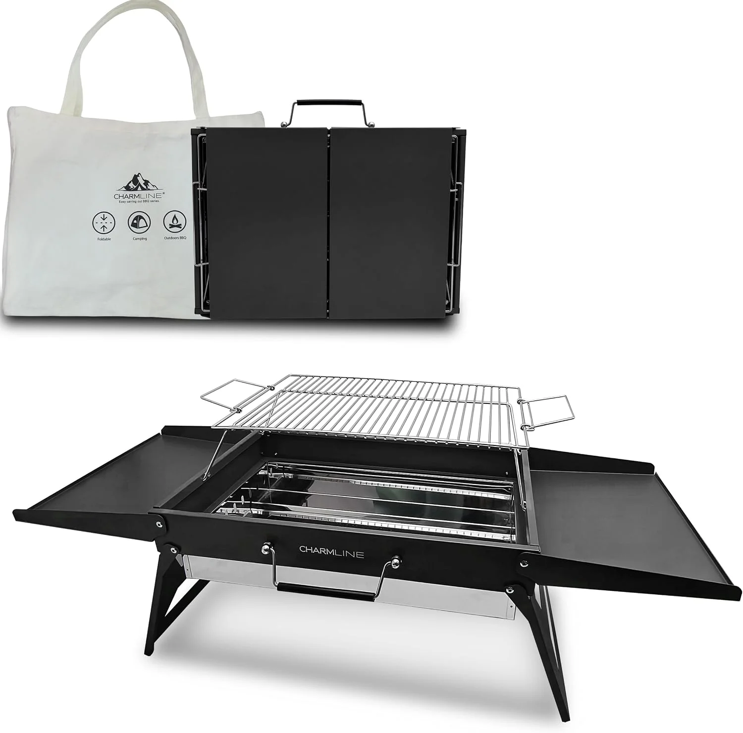 Barbacoa de carbón portátil Charmline 47 x 34 cm, cerrada en formato maletín con su bolsa de transporte y abierta mostrando la parrilla
