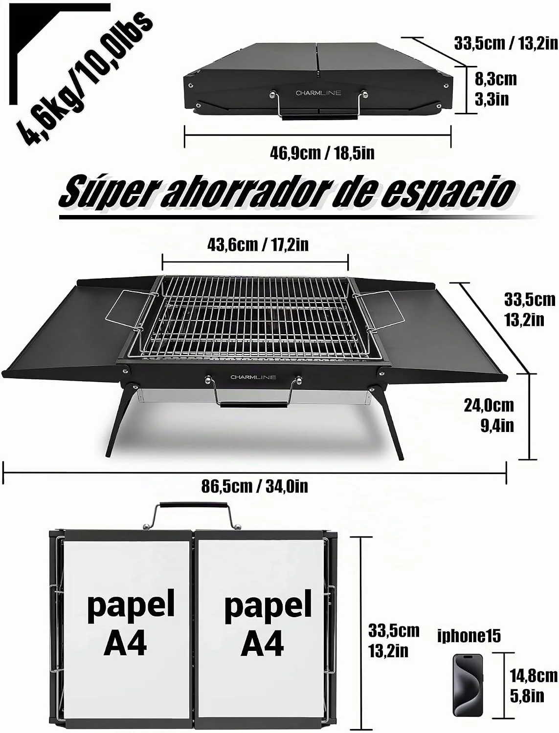 Dimensiones plegadas (46,9 x 33,5 x 8,3 cm) y peso (4,6 kg) de la barbacoa portátil Charmline 47 x 34 cm
