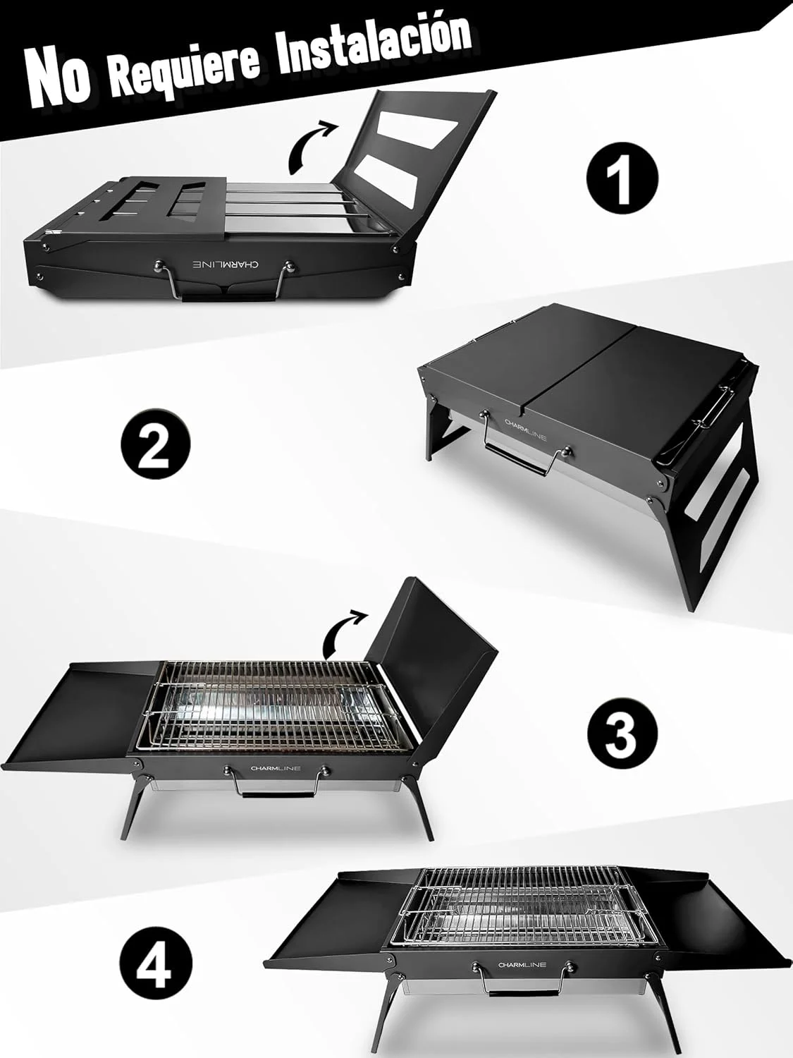 Pasos para desplegar la barbacoa portátil Charmline 47 x 34 cm sin necesidad de montaje