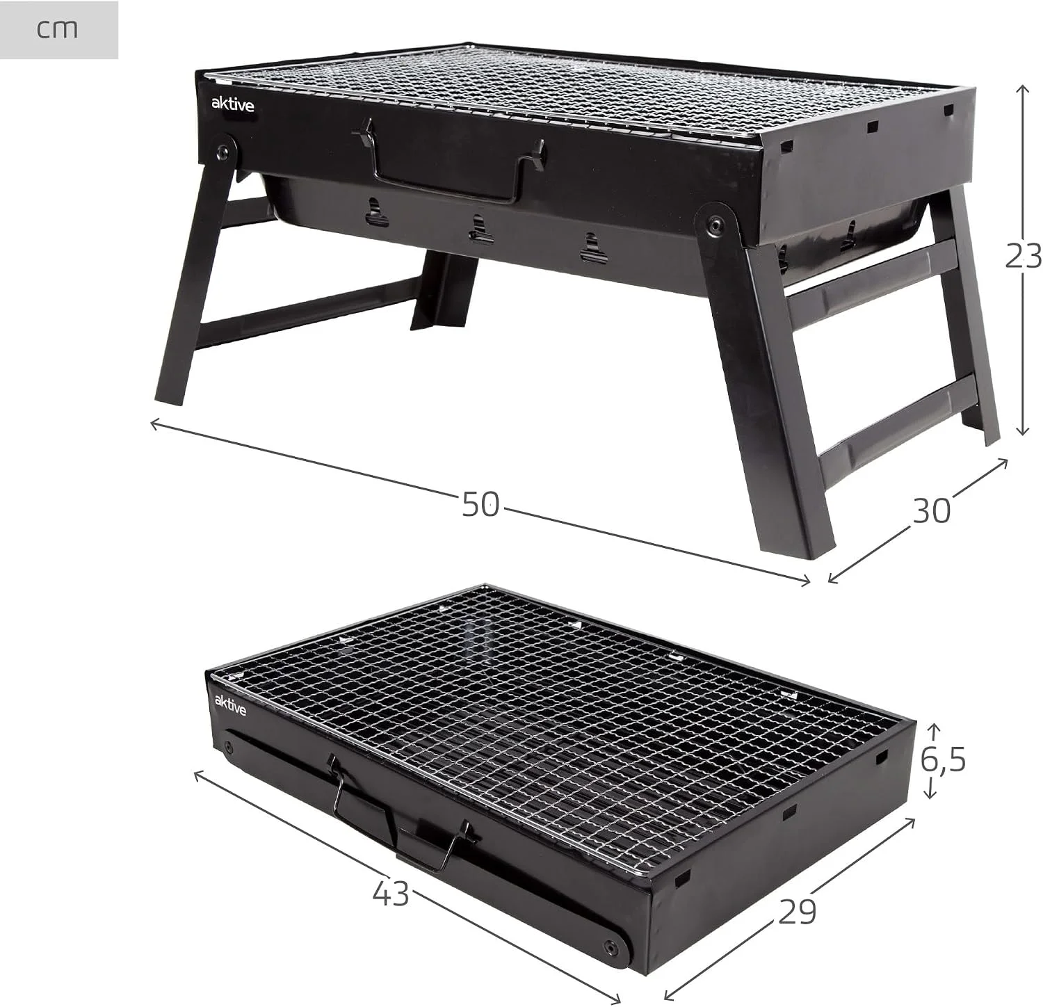 Barbacoa portátil AKTIVE 63032 desplegada y en su estado plegado, con las medidas del fabricante
