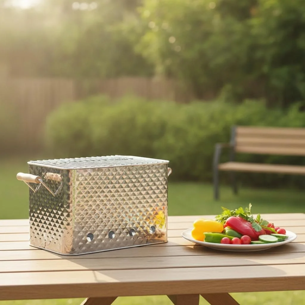 Barbacoa portátil JISADER GB603 sobre una mesa de jardín, junto a un plato de verduras