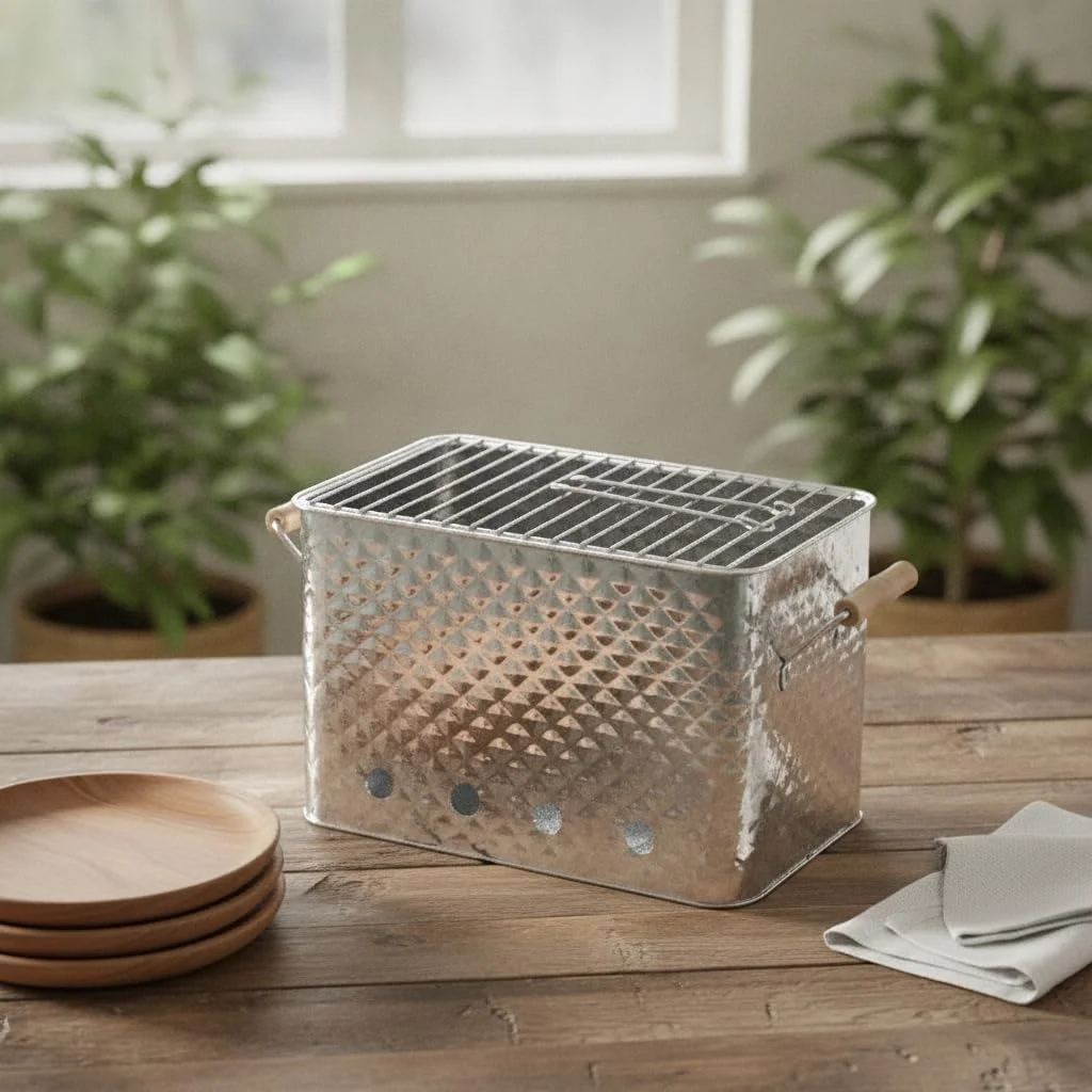 Barbacoa portátil JISADER GB603 sobre una mesa, con plantas de interior al fondo