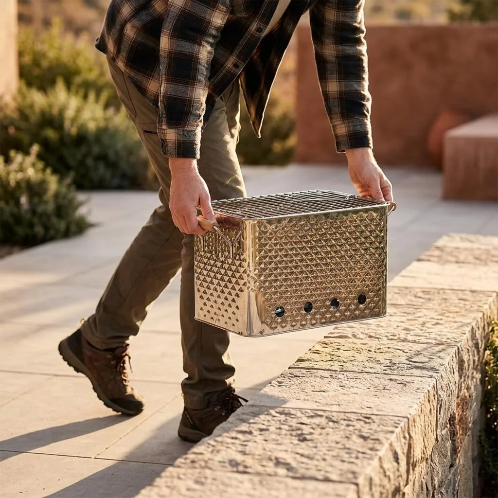 Barbacoa portátil JISADER GB603 transportada con su asa de madera