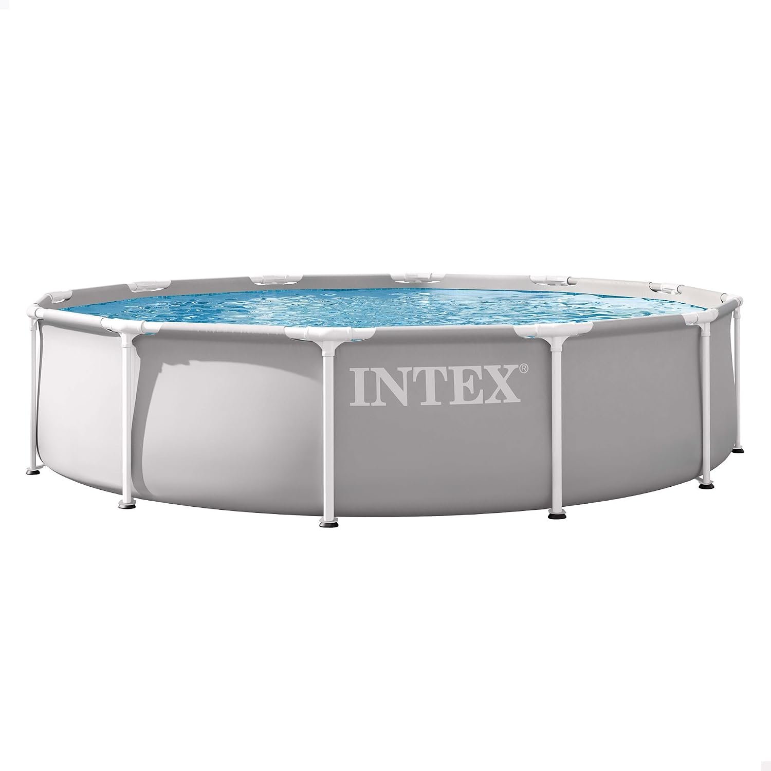 Piscina desmontable redonda Intex Prisma Frame con estructura metálica blanca y pared exterior gris, llena de agua, vista general en estudio
