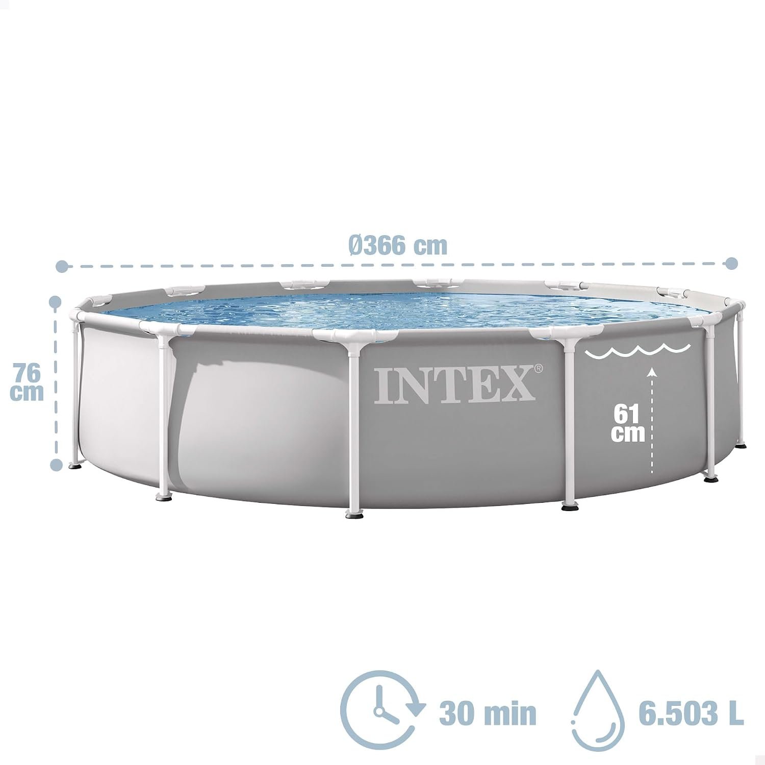 Esquema con las dimensiones de la piscina desmontable redonda Intex Prisma Frame: 366 cm de diámetro, 76 cm de altura, 61 cm de nivel de agua, 30 minutos de montaje estimado y 6.503 litros de capacidad