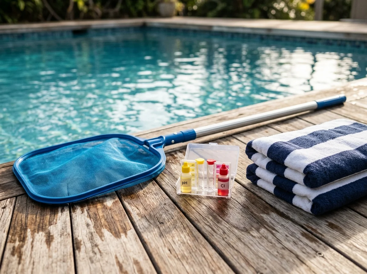 Recogehojas, kit de análisis de agua y toallas junto a una piscina, accesorios básicos de mantenimiento